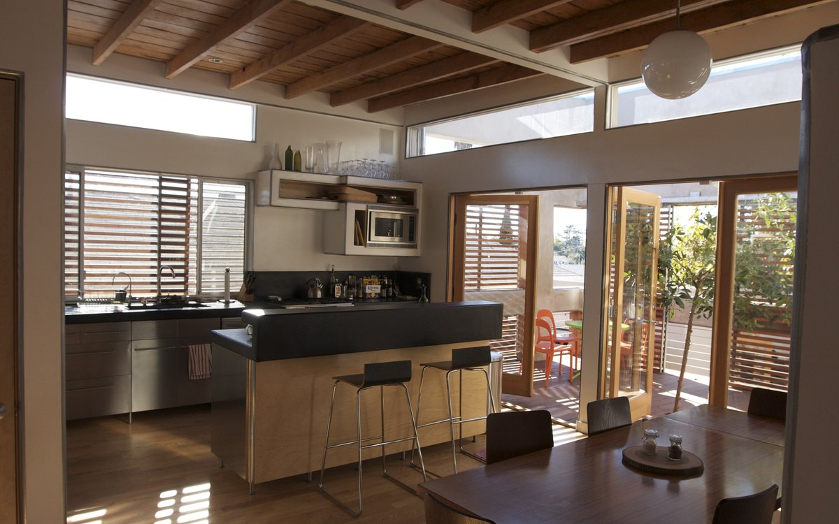 Kitchen with integrated built-in appliances behind cabinet panels