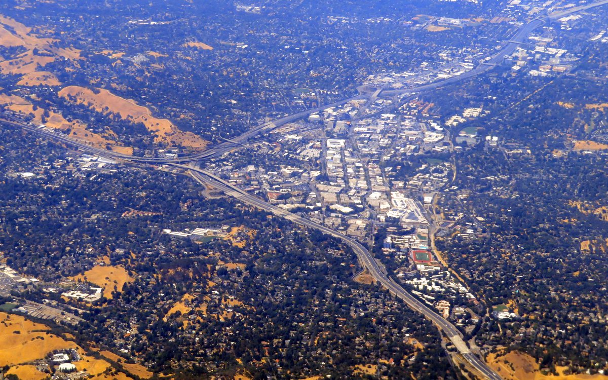 Aerial view of Walnut Creek, California, with downtown and Interstate 680