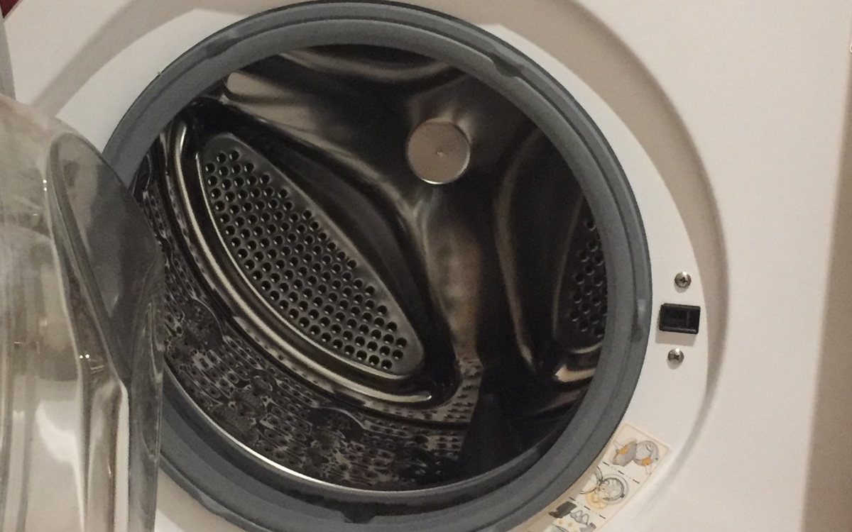 Open drum of a front-load washing machine with the door seal visible
